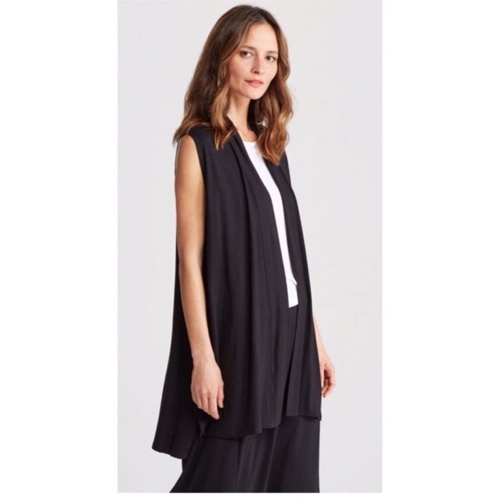 Eileen Fisher NWT Cascading Vest Cashmere Black Open Front Waterfall- Size M