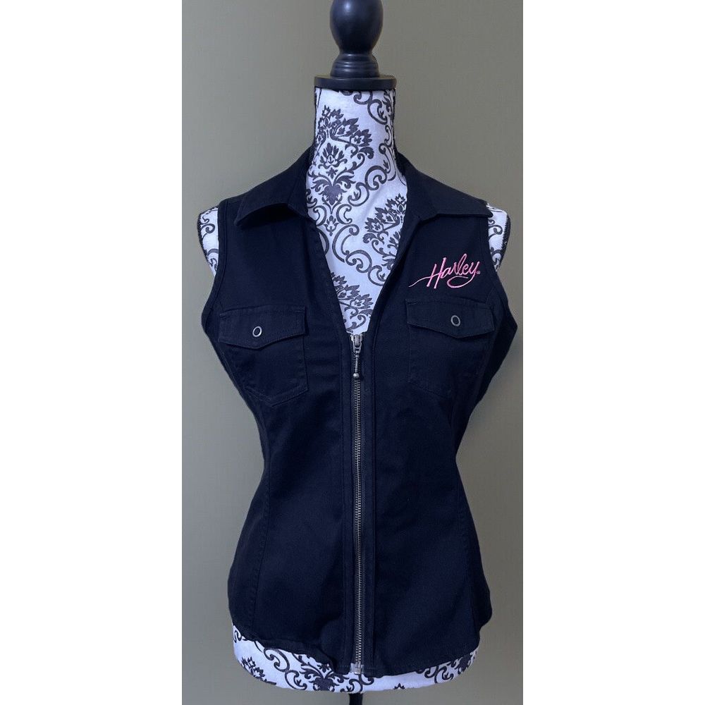 Harley Davidson Women's Vest Zip Front Pink Embroidery Front/Back SZ Medium VTG