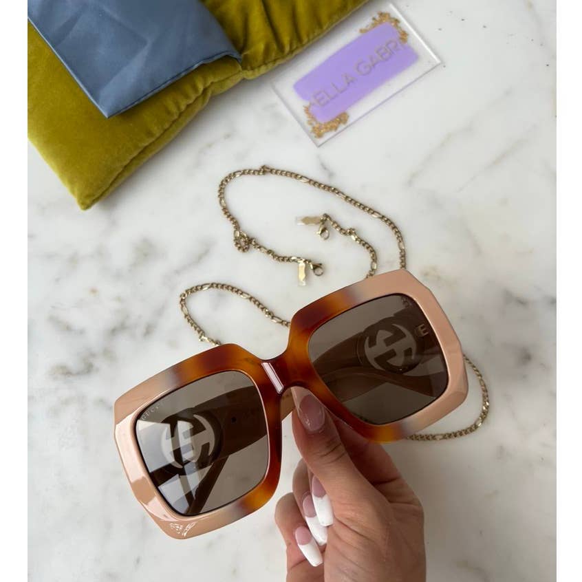 NEW Gucci GG1022S Brown Chain Oversized Logo Sunglasses