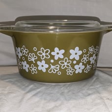Pyrex olive green spring blossom 1 quart baking casserole dish with lid # 473