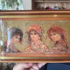 Vintage Wooden Jewelry and Music Box with 3 Sisters Artwork signed Edna Hibel