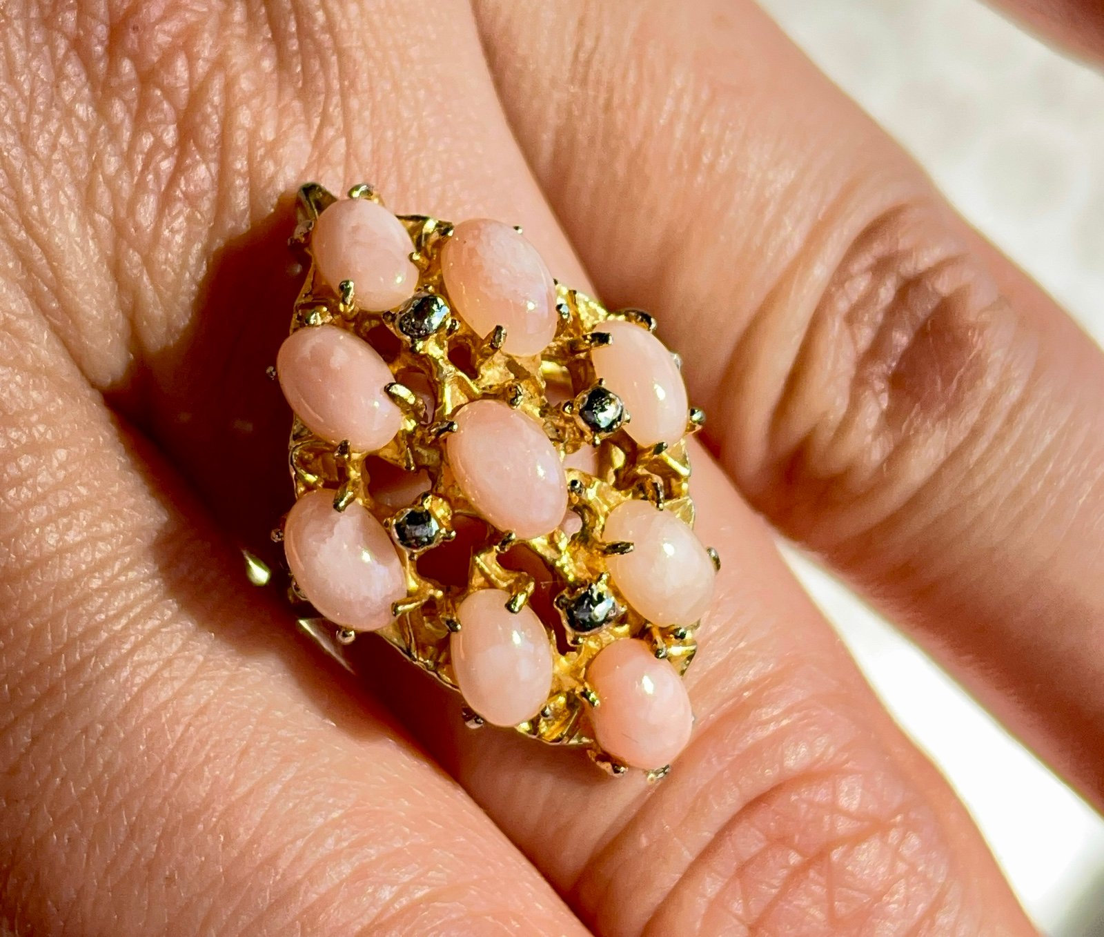 Vintage 1970s Rose Quartz Cocktail Cluster Ring with Yellow & White Gold Detail