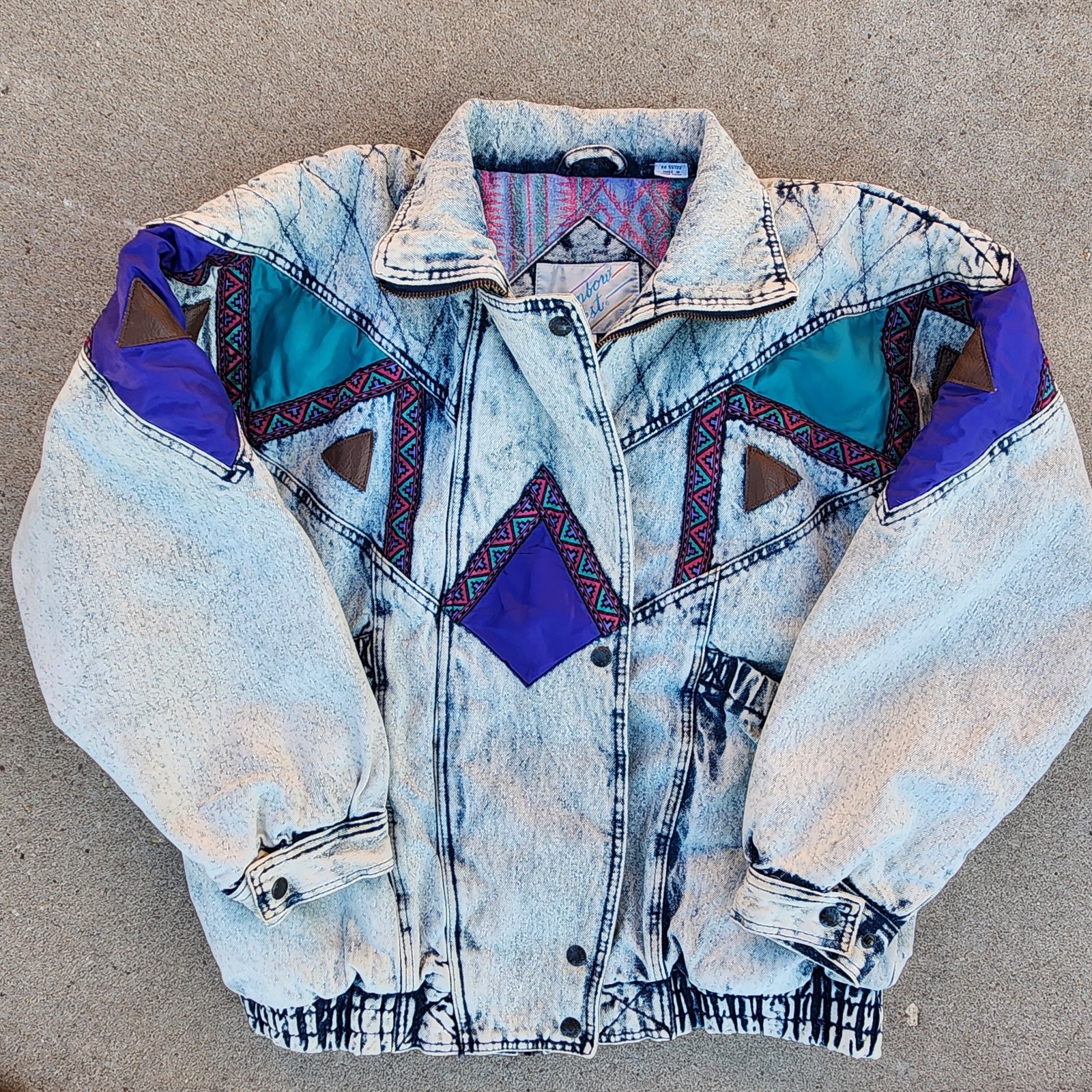 VTG Rainbow West Denim Acid Wash Puffer Jacket, Womens Size M