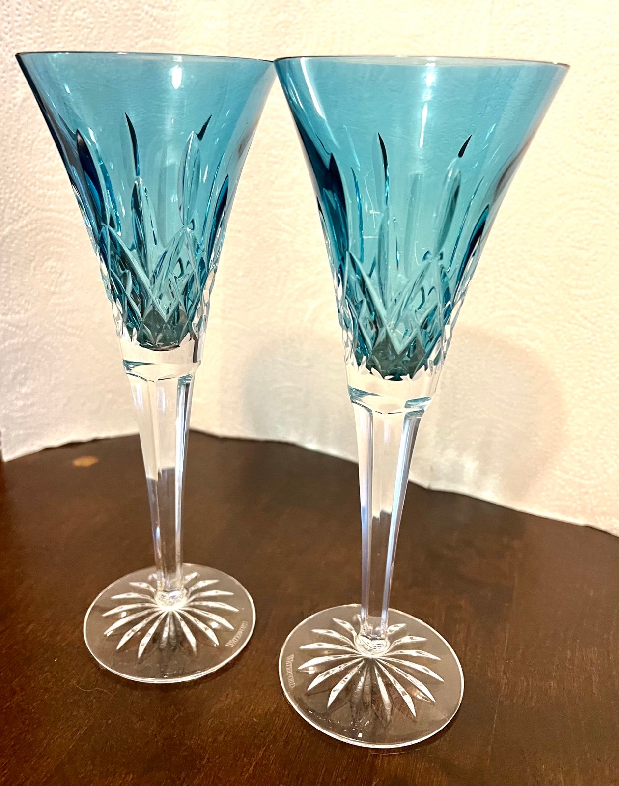 Waterford Lismore Aquamarine Toasting Flutes.