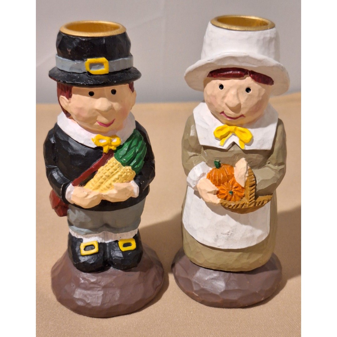 Pair of Thanksgiving Pilgrim Taper Candlestick Holder Resin Carved Wood Look