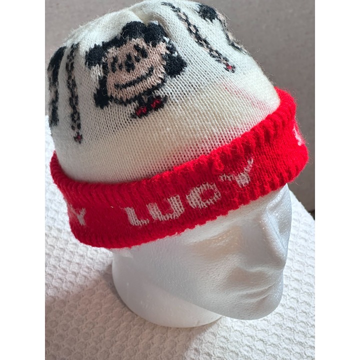 Peanuts Lucy Comic Knit Beanie Hat Red White Acrylic Winter Ski Accesy Vtg 90s