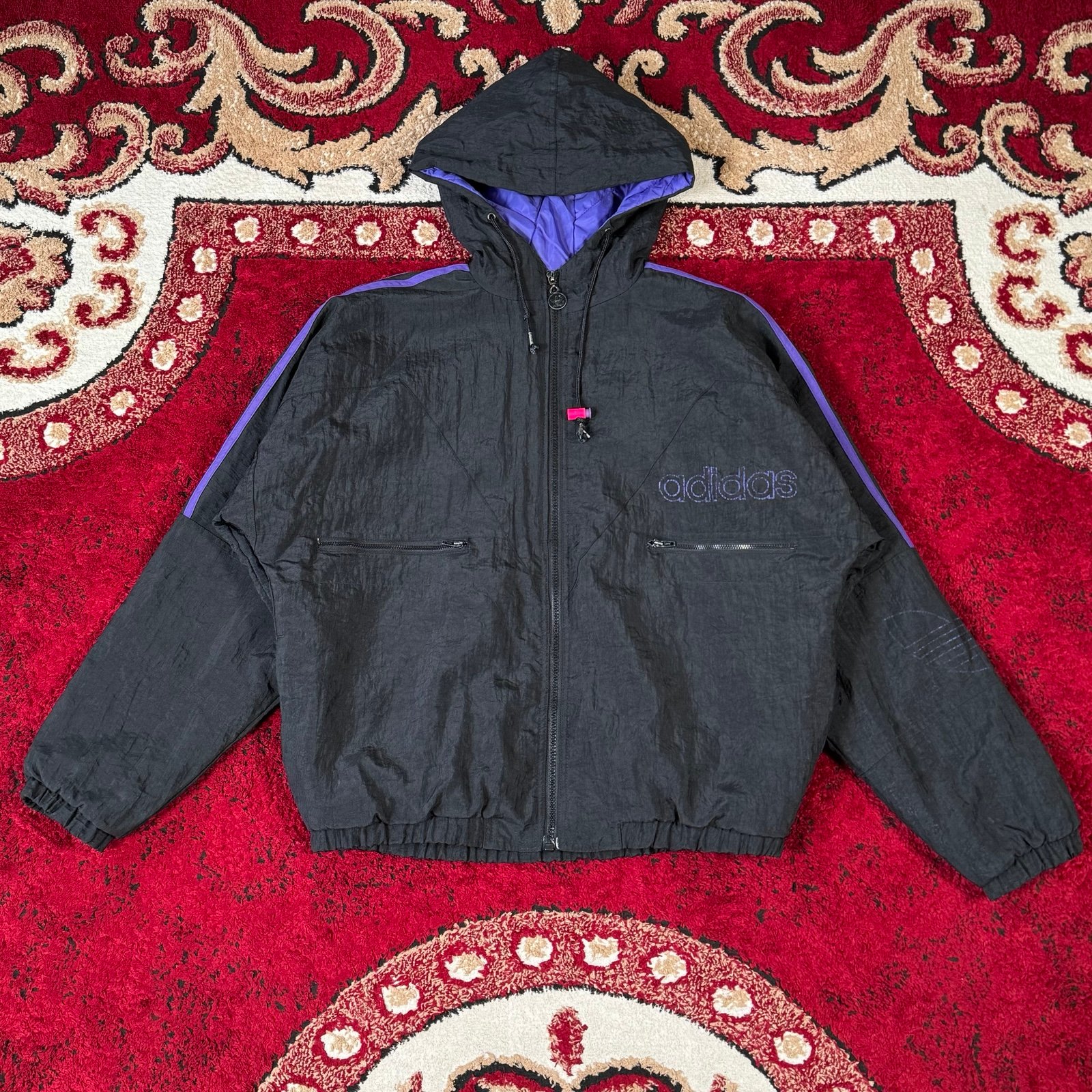Vintage 90s Adidas Trefoil Black Puffer Windbreaker Quilted Coat Jacket Size S