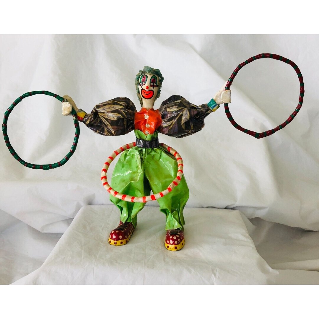 Vintage Creepy Handmade Paper Mache Hoop Juggling Clown 5.75 Tall
