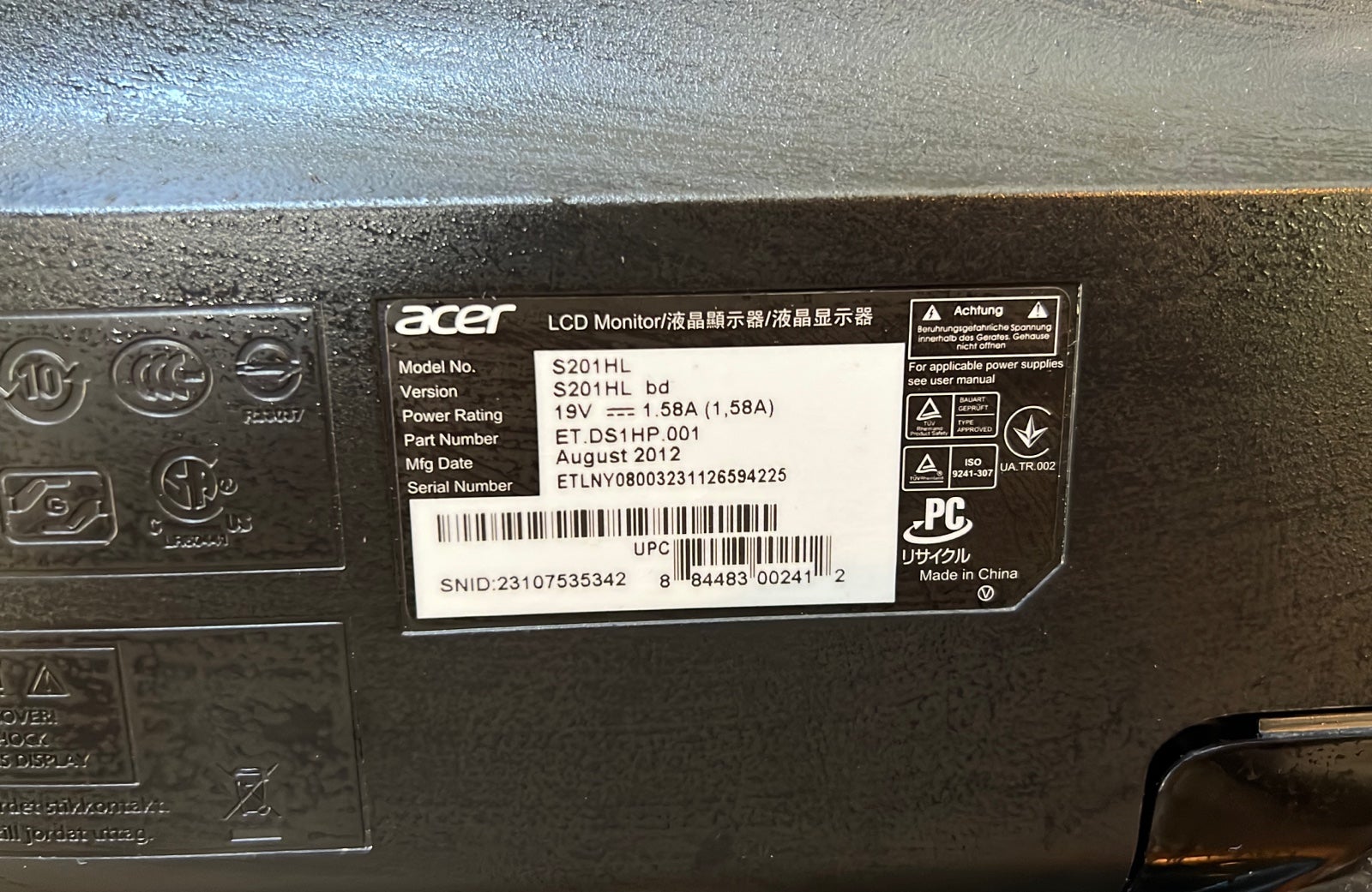 Acer S201HL Bbd LED LCD Monitor