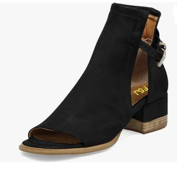 FSJ Women Peep Open Toe Sandals Boot Cut Out Buckle Ankle Bootie Low Heel Black