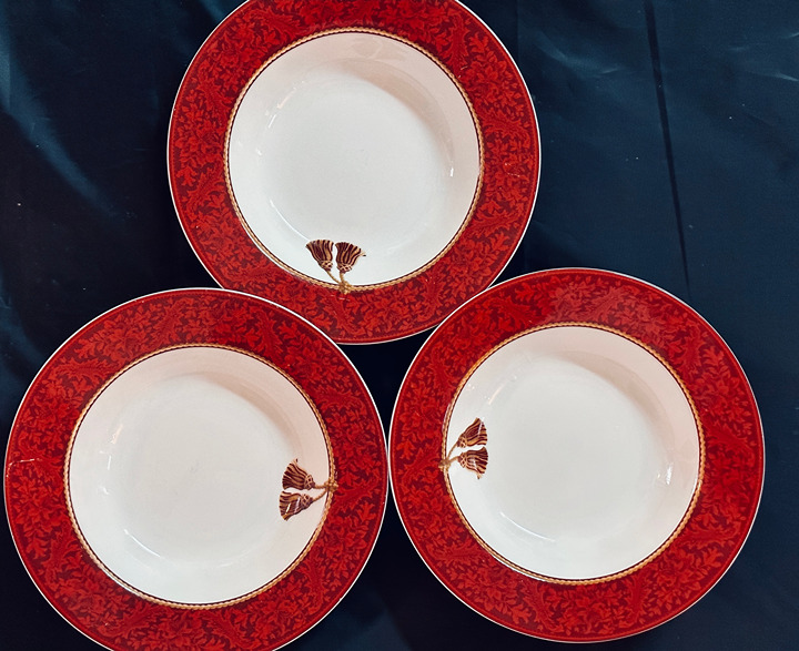 Hallmark Sakura Holiday Abundance Soup Salad RED Wide Rim Bowls (3) 8-5/8   FIRM
