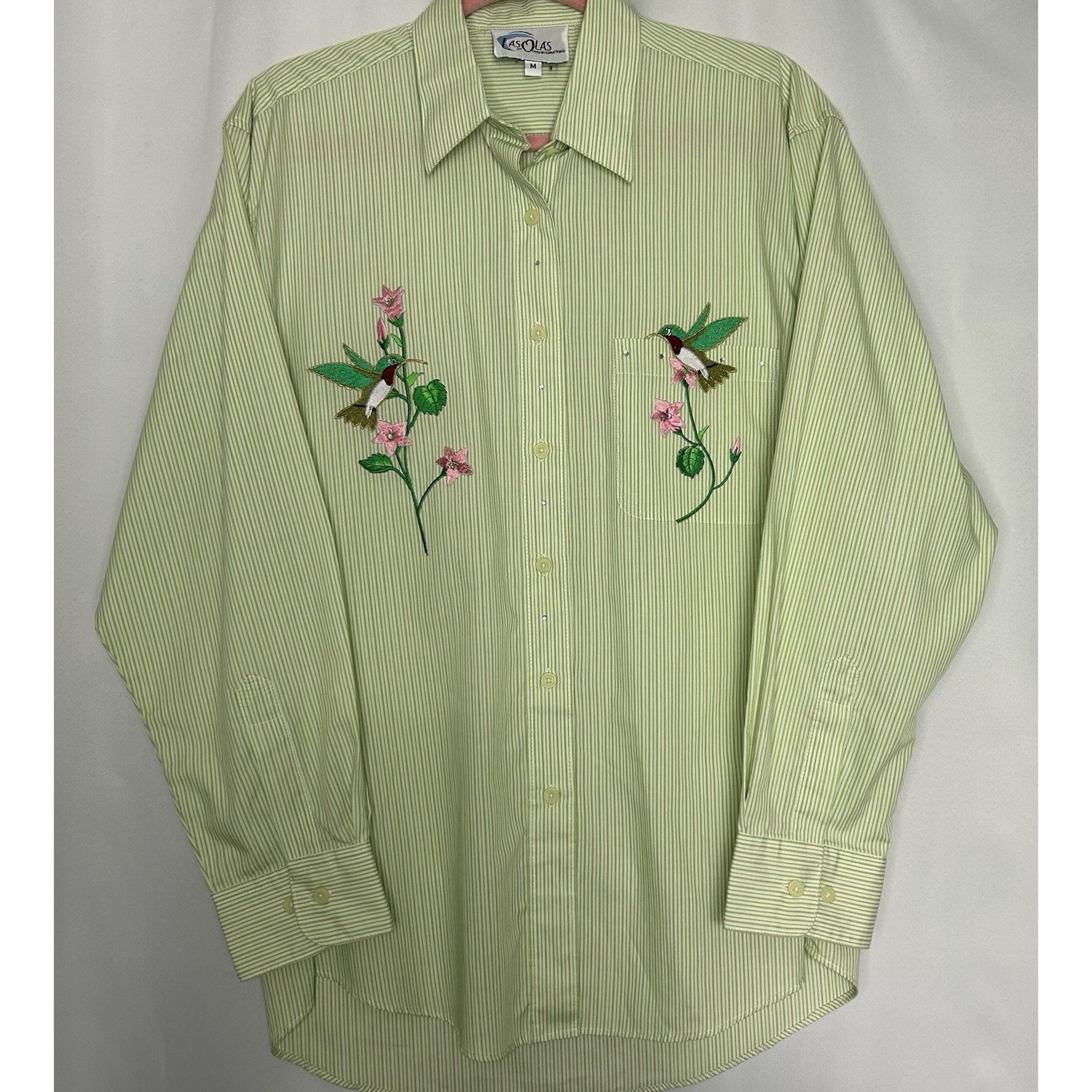 Las Olas Women's Size Med Button Up Long Sleeve Striped Shirt Dragonfly Bling