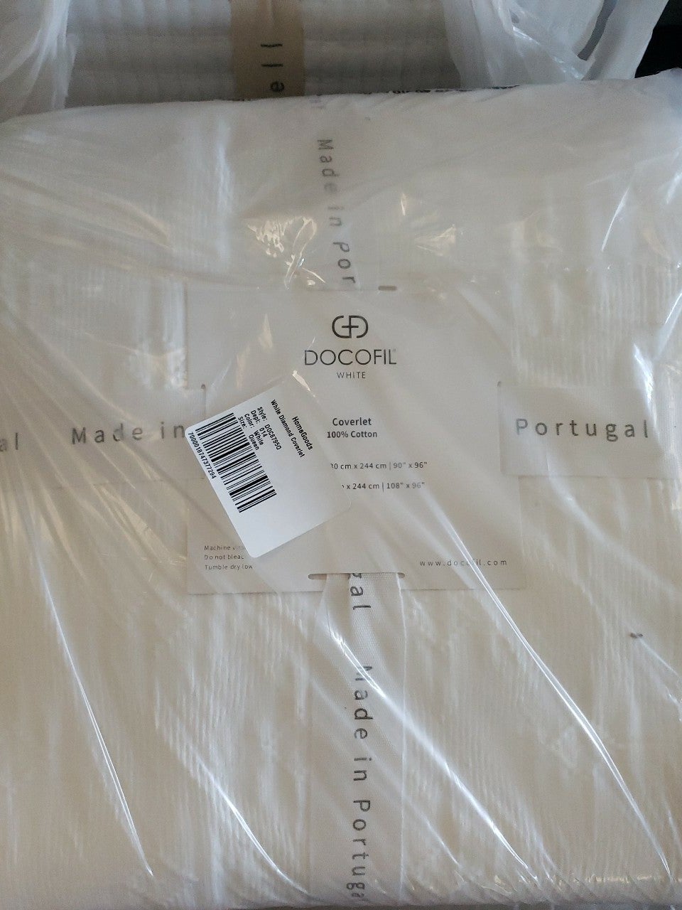 DOCOFIL White Diamond Pattern Queen Quilt Coverlet 100% Cotton Made in Portugal