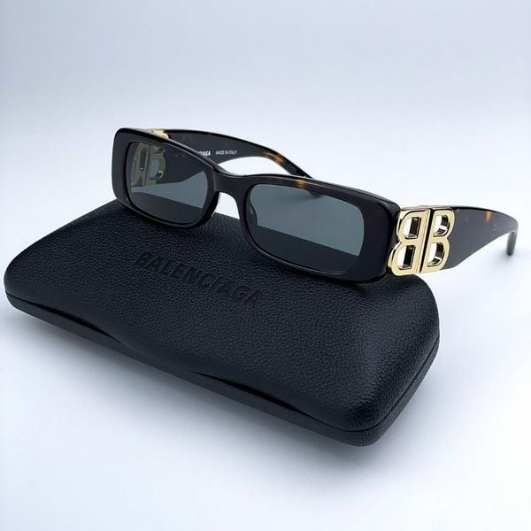 NEW Balenciaga BB0096S 002 Havana Gold Logo Green Square Unisex Sunglasses
