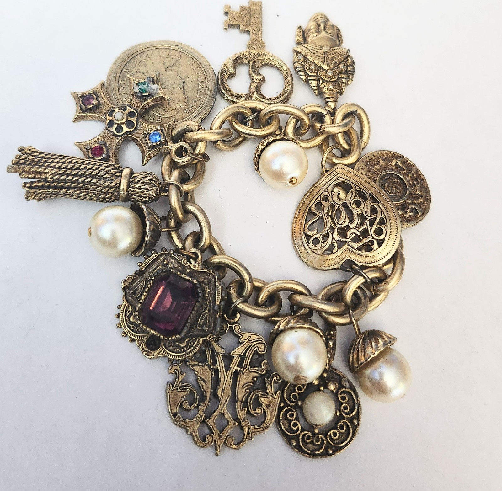 Vintage 1980s French Etruscan Couture Matte Gold Toned Charm Bracelet Estate
