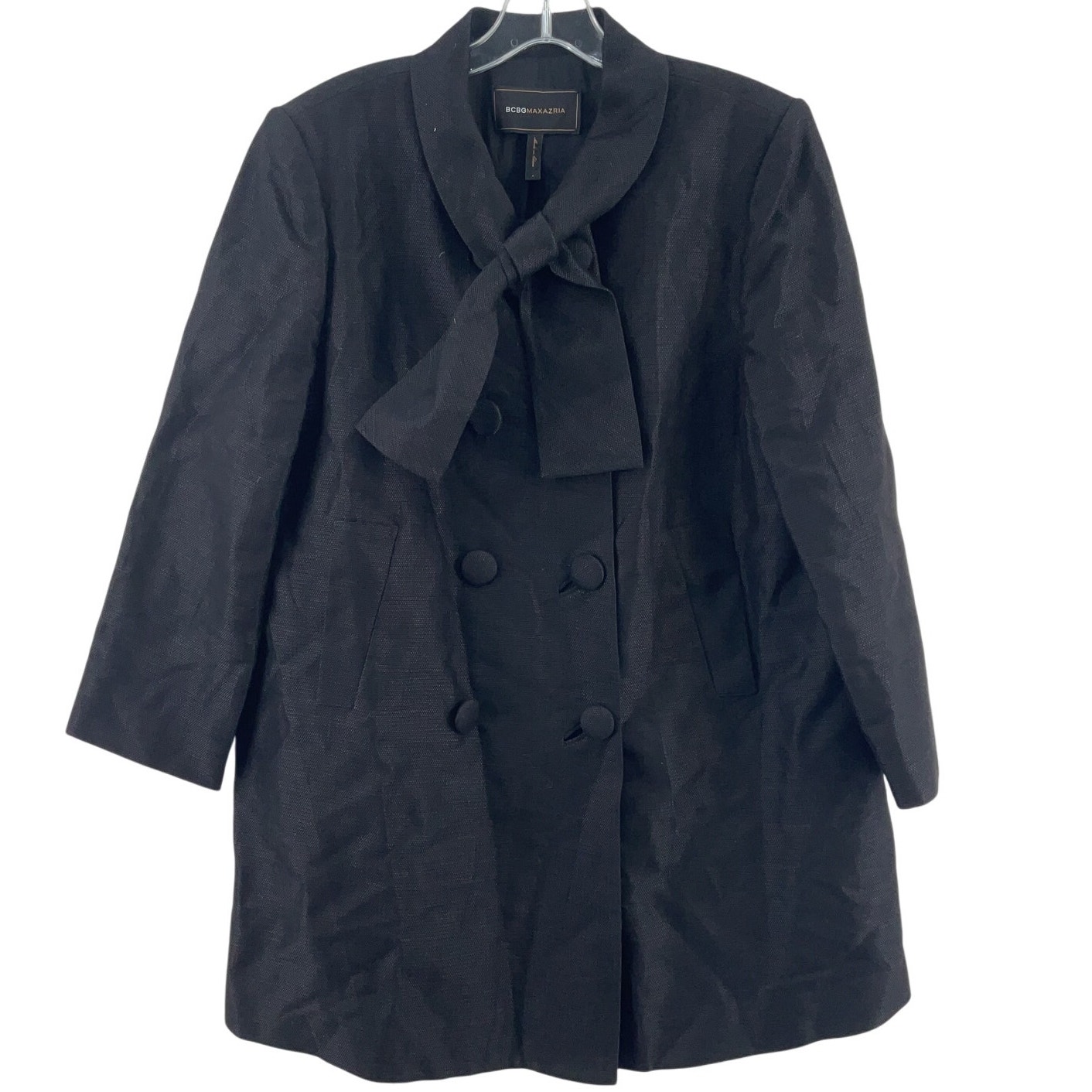 BCBGMAXAZRIA Black Neck Tie Pea Coat Women’s Size Large Cotton Blend Preowned