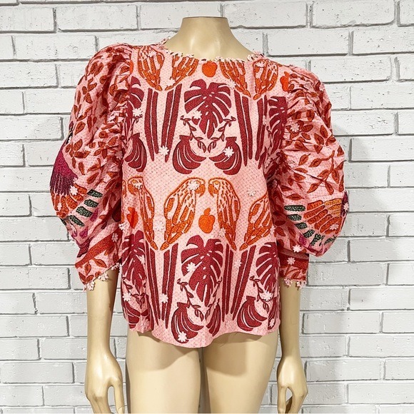 Farm Rio Women’s Ainika Macaws Puff Sleeve Cotton Blouse - Size XL