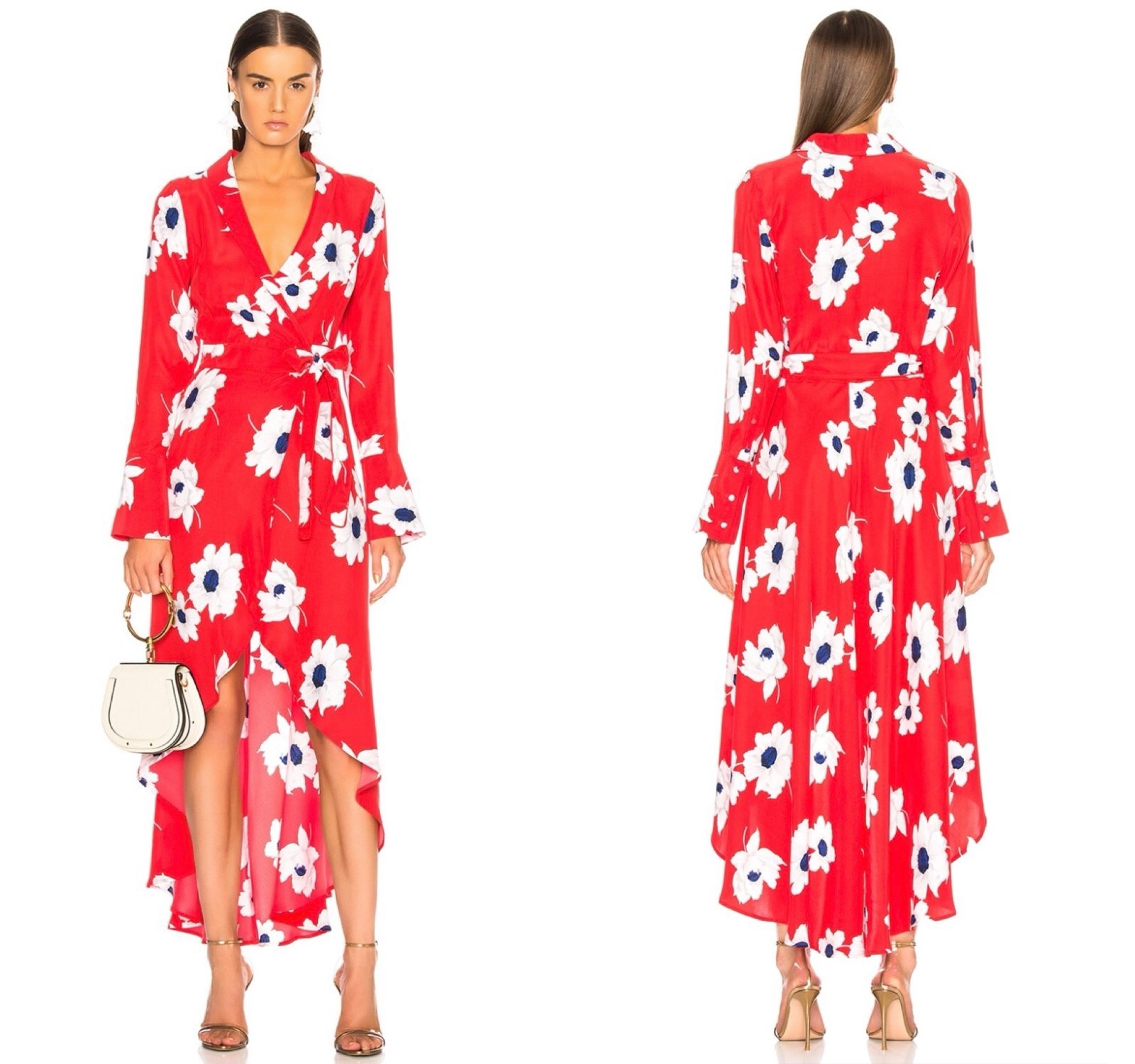NWT EQUIPMENT Gowin Dress/High Low Long Sleeve A-Line Red Floral Dress. Size XS