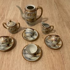 Vintage Tea Coffee Set Fairy Land Handpainted 12 pcs Birds NO POT LID