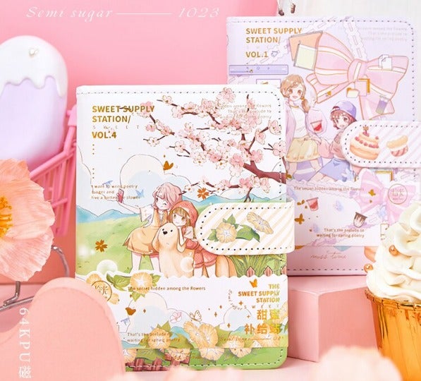 Kawaii, anime, manga journal. Cherry blossoms. Dog. Girls. Writing supply.