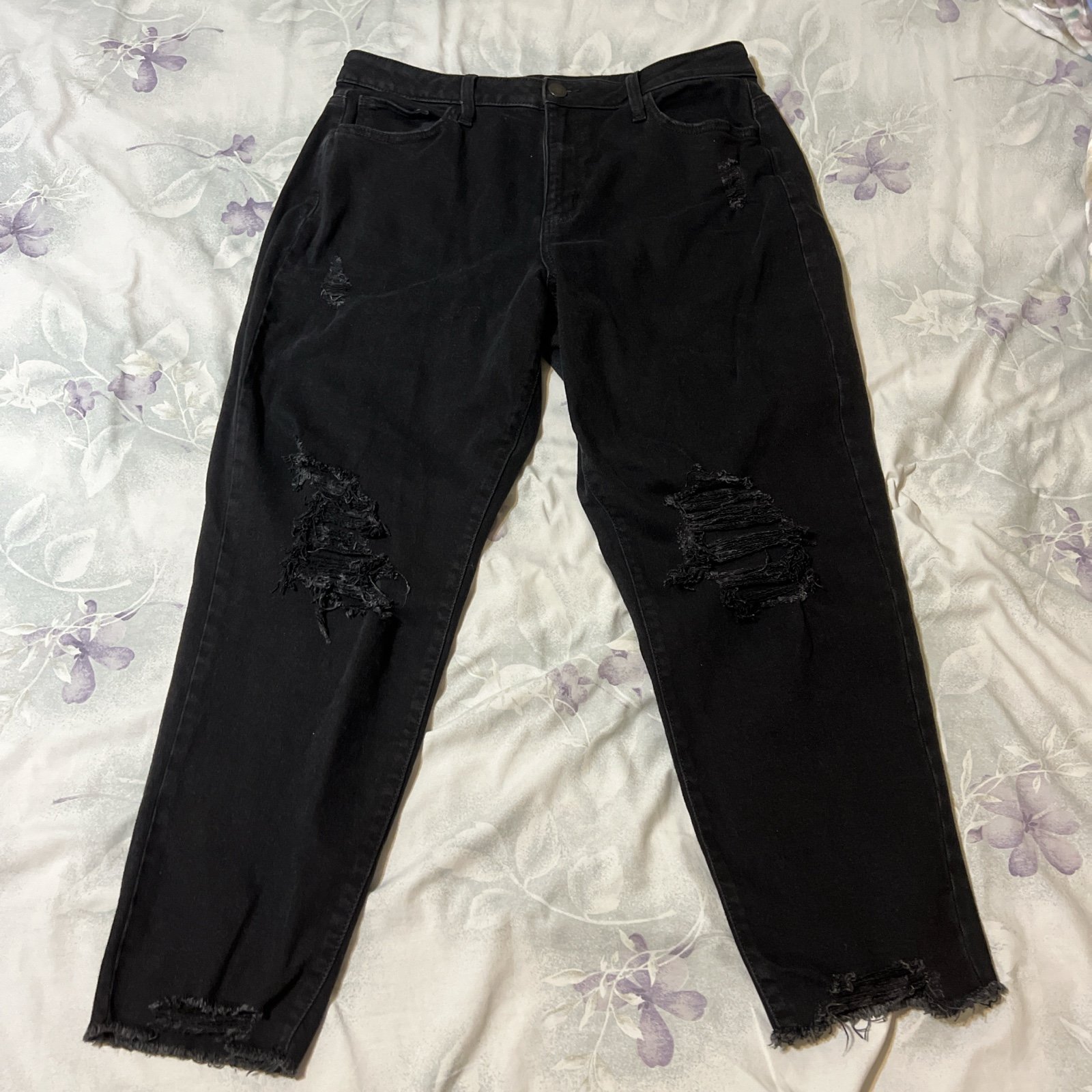 Black distressed high rise curvy mom jeans