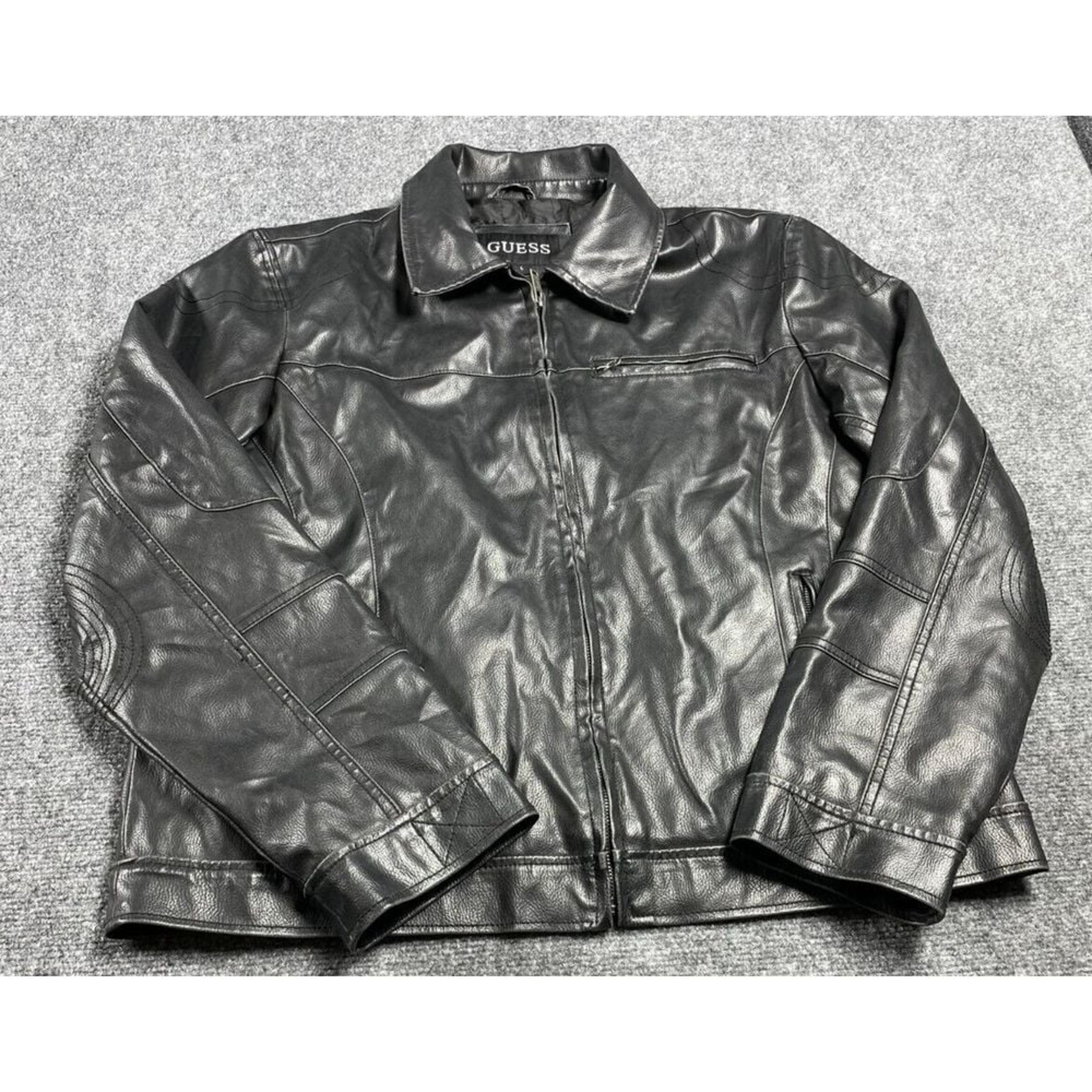 Guess Men's Black Vegan Faux Leather Bomber Jacket Full Zip Pockets Size L