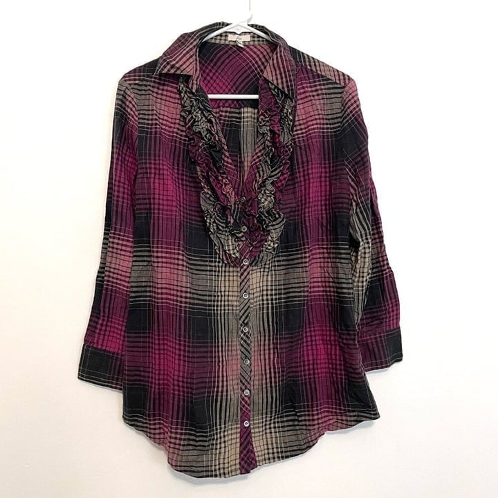 JOIE Fara Plaid Tuxedo Shirt Pink Black Taupe 3/4 Sleeve ish Flannel Button Down