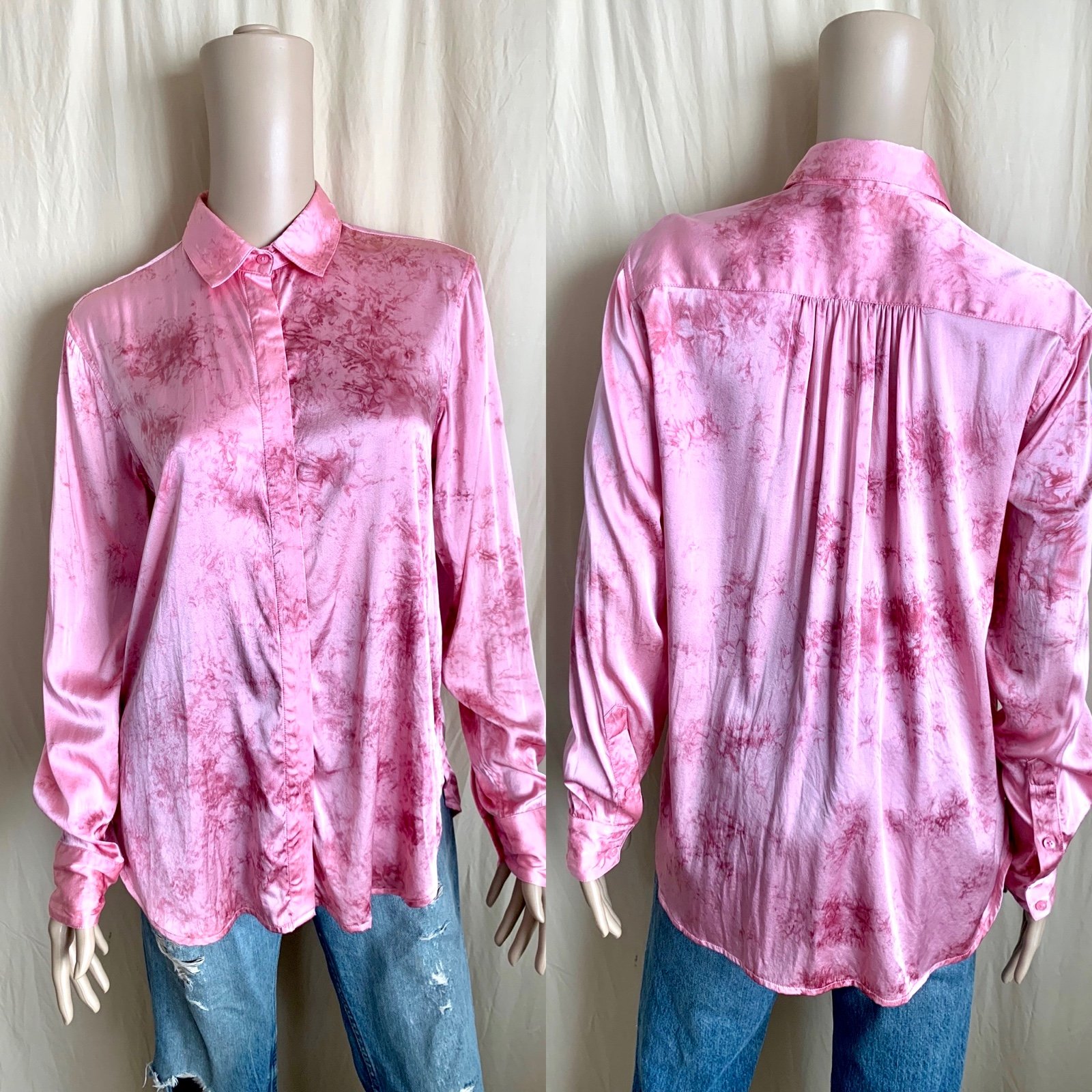 Christiansen + Giraldo designer marbled pink silk chic button down blouse