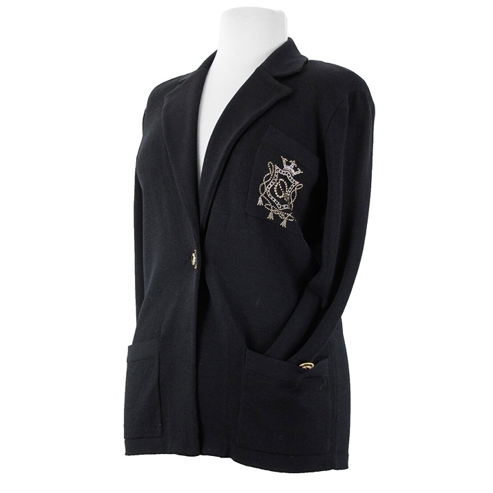 St John Sportswear Sz P Black Gold Collared Pockets Santana Knit Jacket