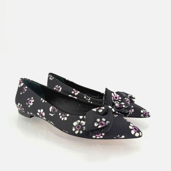 Tory Burch Rosalind Ballet Flats Women's Size 5 Black Floral Satin Bow Pointed