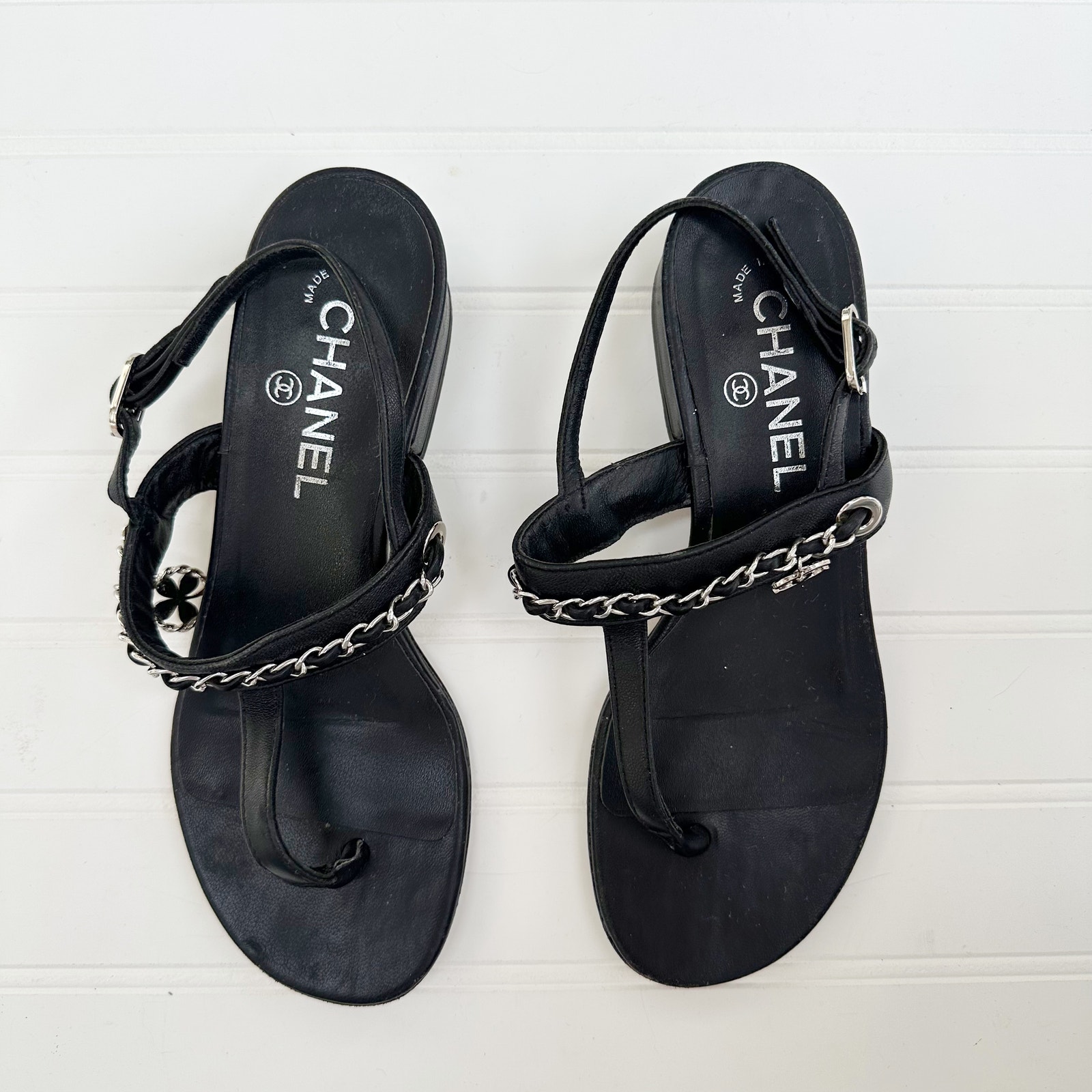 Chanel Sandals Chain Link CC Block Heel Black Leather Ankle Strap 36
