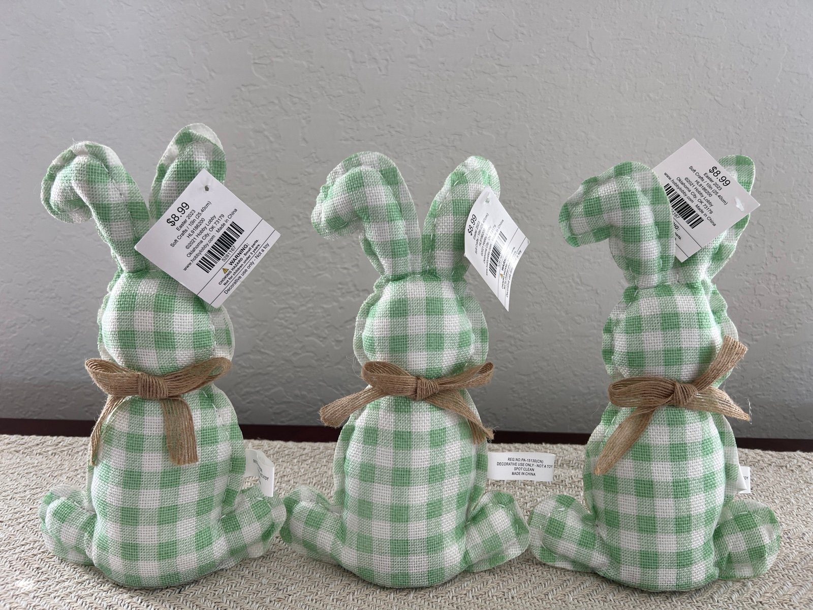 Hobby Lobby Farmhouse Green & White Gingham Bunny Rabbit Trio