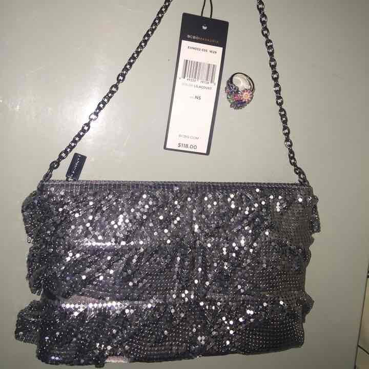 BCBGMAXAZRIA Metal Ruffle Silver Clutch