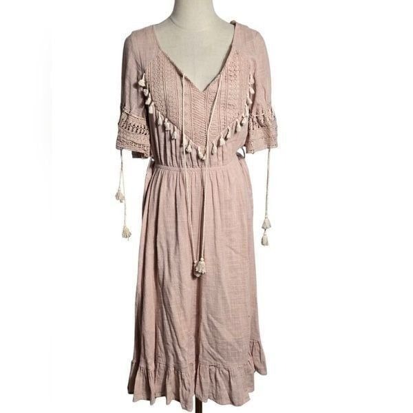 Blush Cotton Boho Tassel Midi Dress