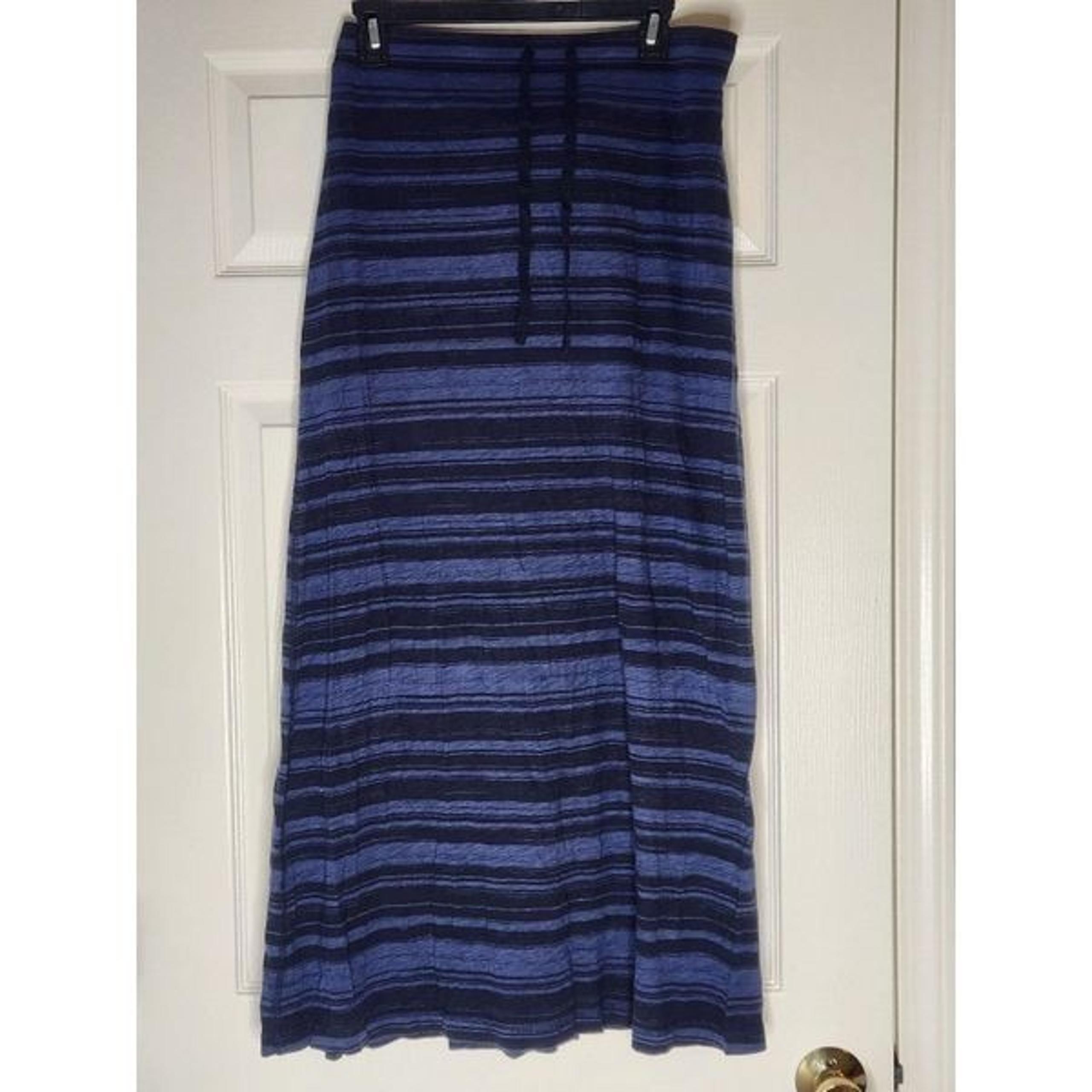 Eddie Bauer M Navy Blue Black Elastic Waist Drawstring Striped Women Maxi Skirt