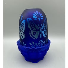 Fenton Faverene Butterfly Fairy Lamp Sand Etched Vintage Blue Green Iridescent