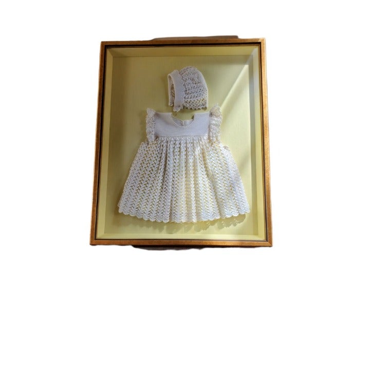 Framed Antique Child's Dress and Bonnet