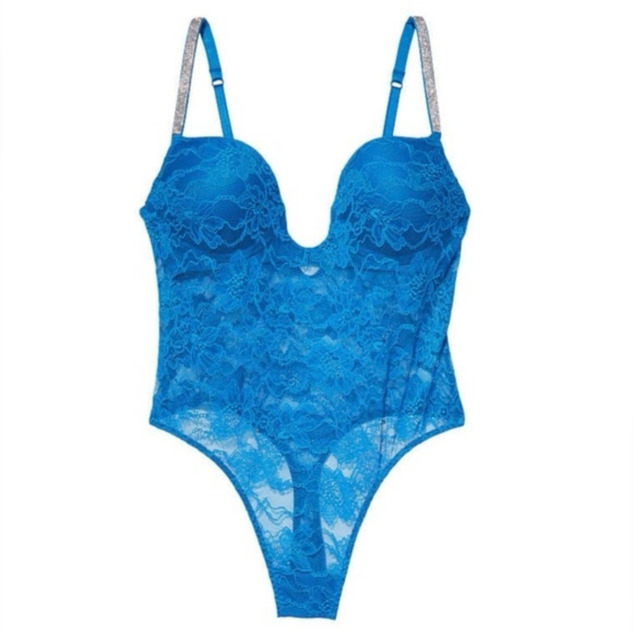 NWT Victorias Secret Bright Blue Lace Shine Strap Lace Teddy | Size SMALL