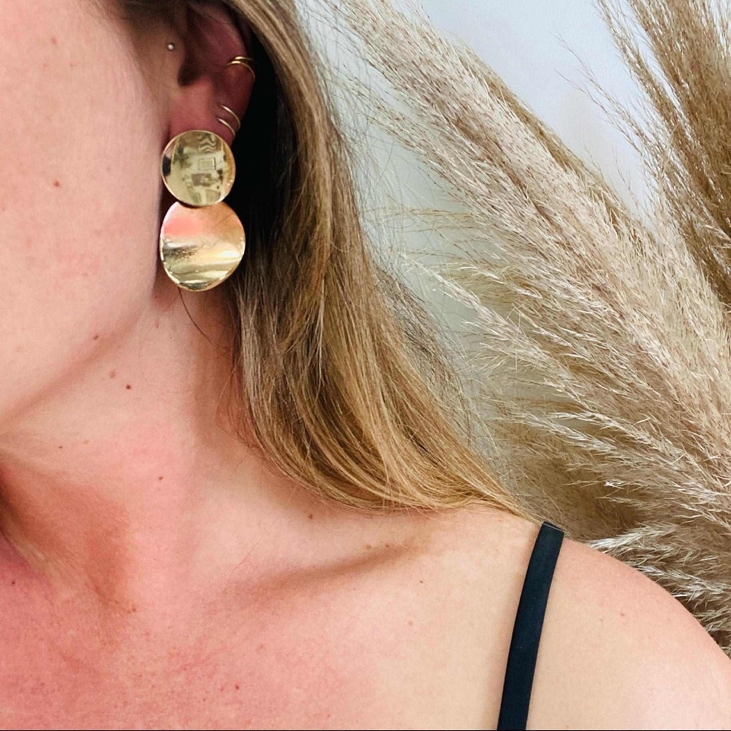 NEW NORDSTROM REVOLVE Gold Double Duo Disc Circle Stud Drop Earrings Jewelry