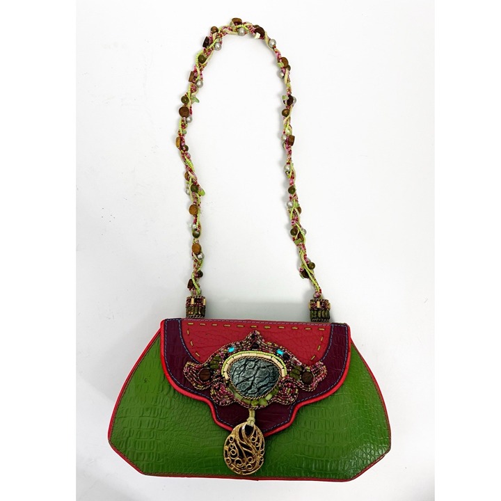 MARY FRANCIS Designer Shoulder Leather Purse Bag BOHO Whimsical Green Beaded
