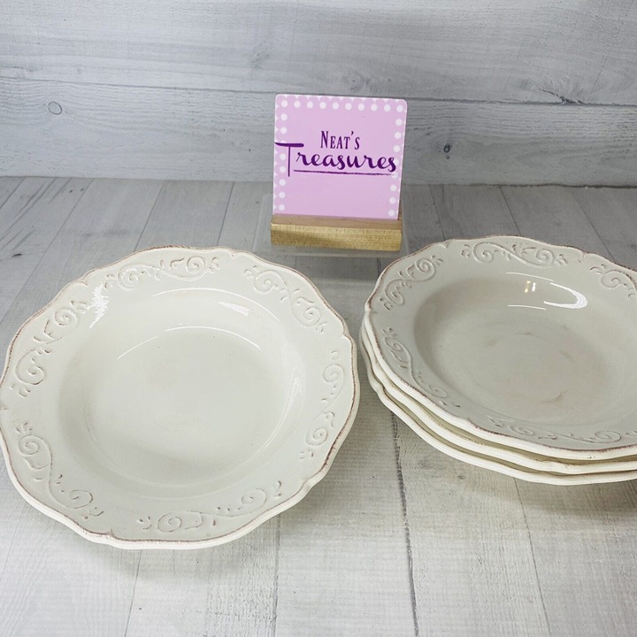 Artimino BAROQUE BEIGE Rustic Embossed Scroll Earthenware Rim Soups Bowl Set 4
