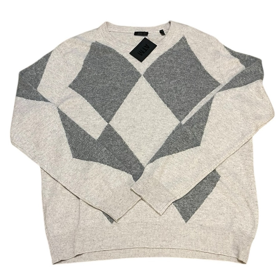 ATM Anthony Thomas Melillo Men's Argyle Cashmere Crewneck Sweater Grey XXL NEW