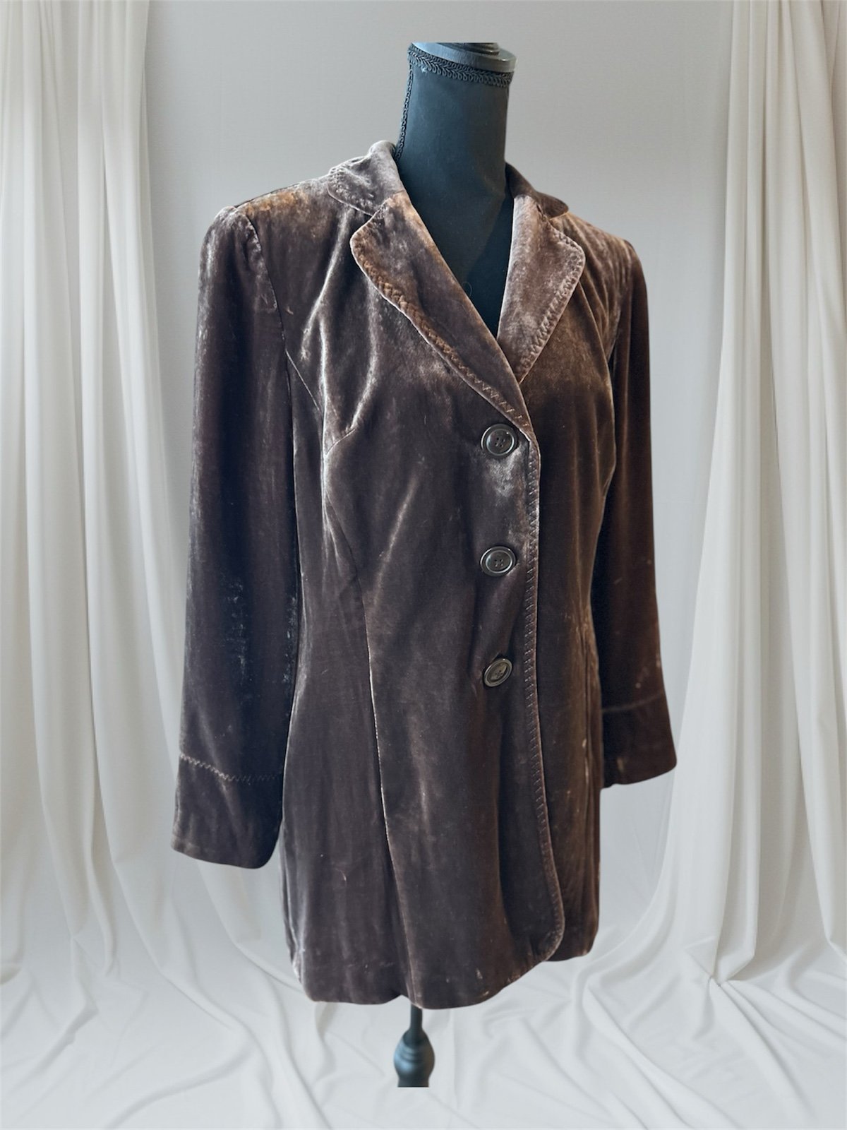 Coldwater Creek Brown Poet Lux Long Velvet Silk Button Down Coat Jacket 14P