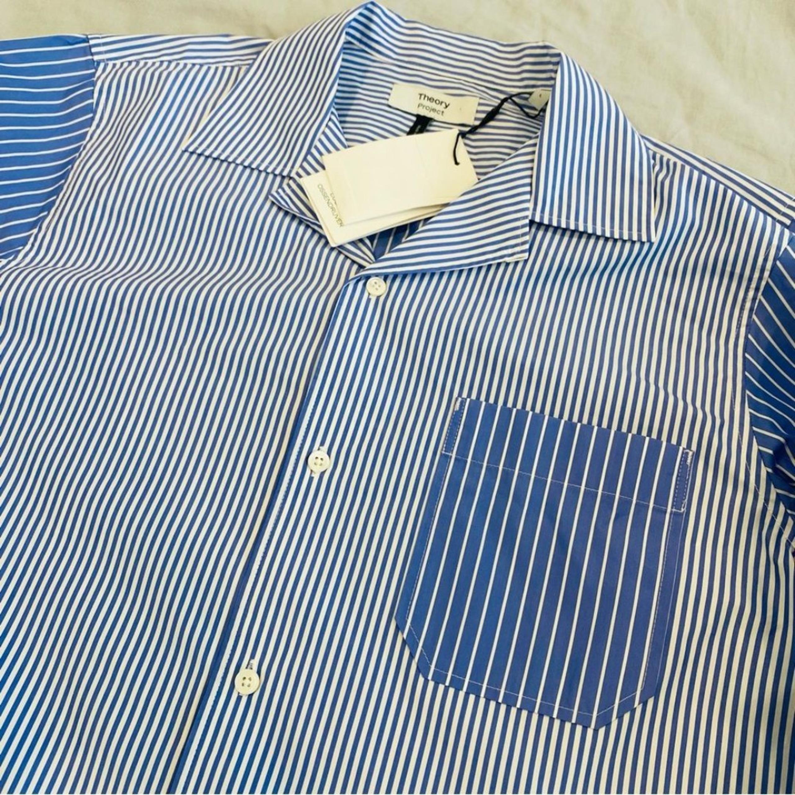 Theory Men’s Blue Casual Button Down Shirt with Striped Sleeves
