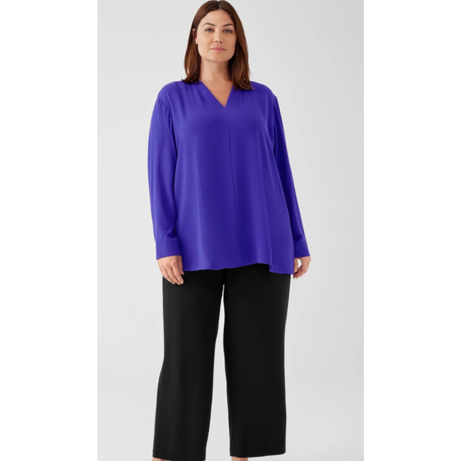 Eileen Fisher Silk Georgette Crepe V-Neck Blouse Top Size Large