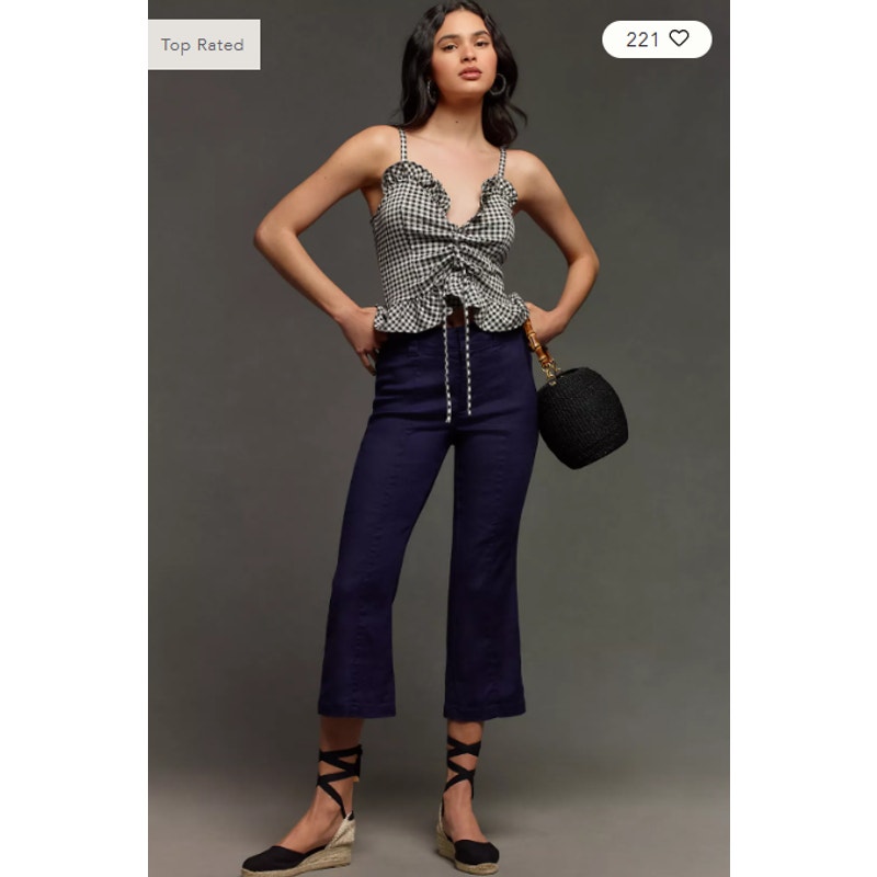 Anthropologie MAEVE Linen 70s Slim Crop Pants in Navy Blue Size 27 NWT 138