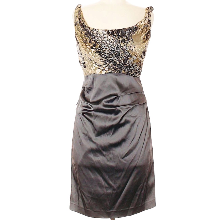 Suzi Chin Maggie Boutique Slimming 8 Grey Silk Leopard Rouched Cocktail Dress