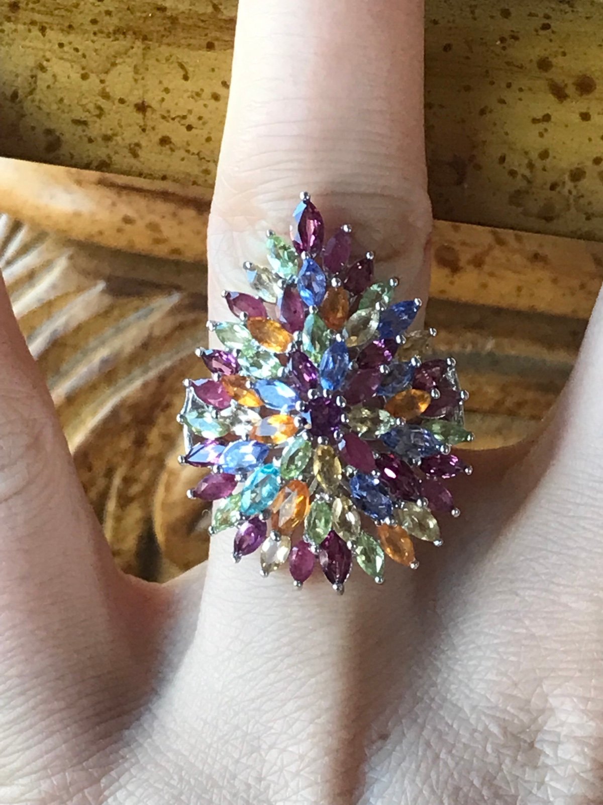 Multi Gemstone Sterling Silver Cluster Ring Size 6