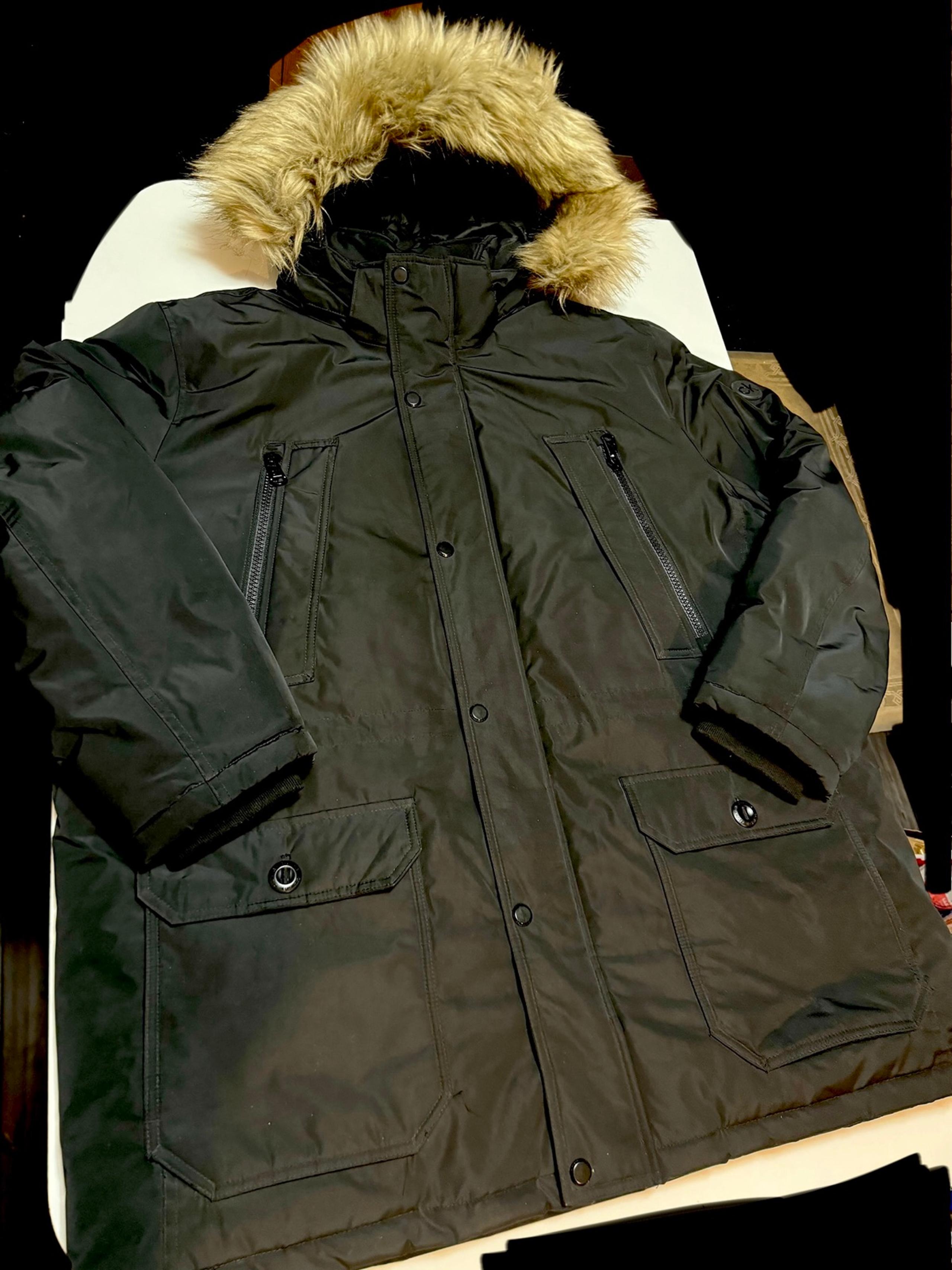 Calvin Klein Arctic Black Parka Jacket Men 2XL Removable Hood Faux Fur $350. Gre