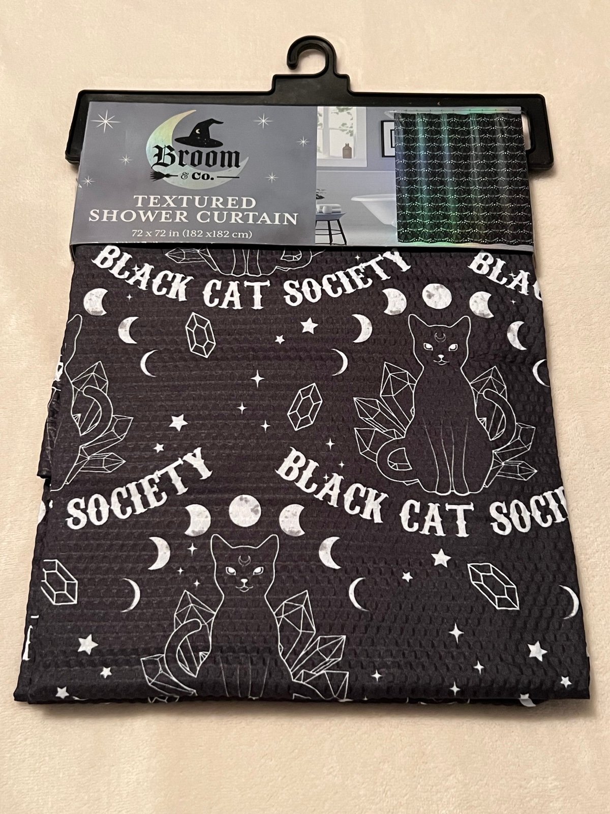 Witchy black cat moon phases crystals shower curtain